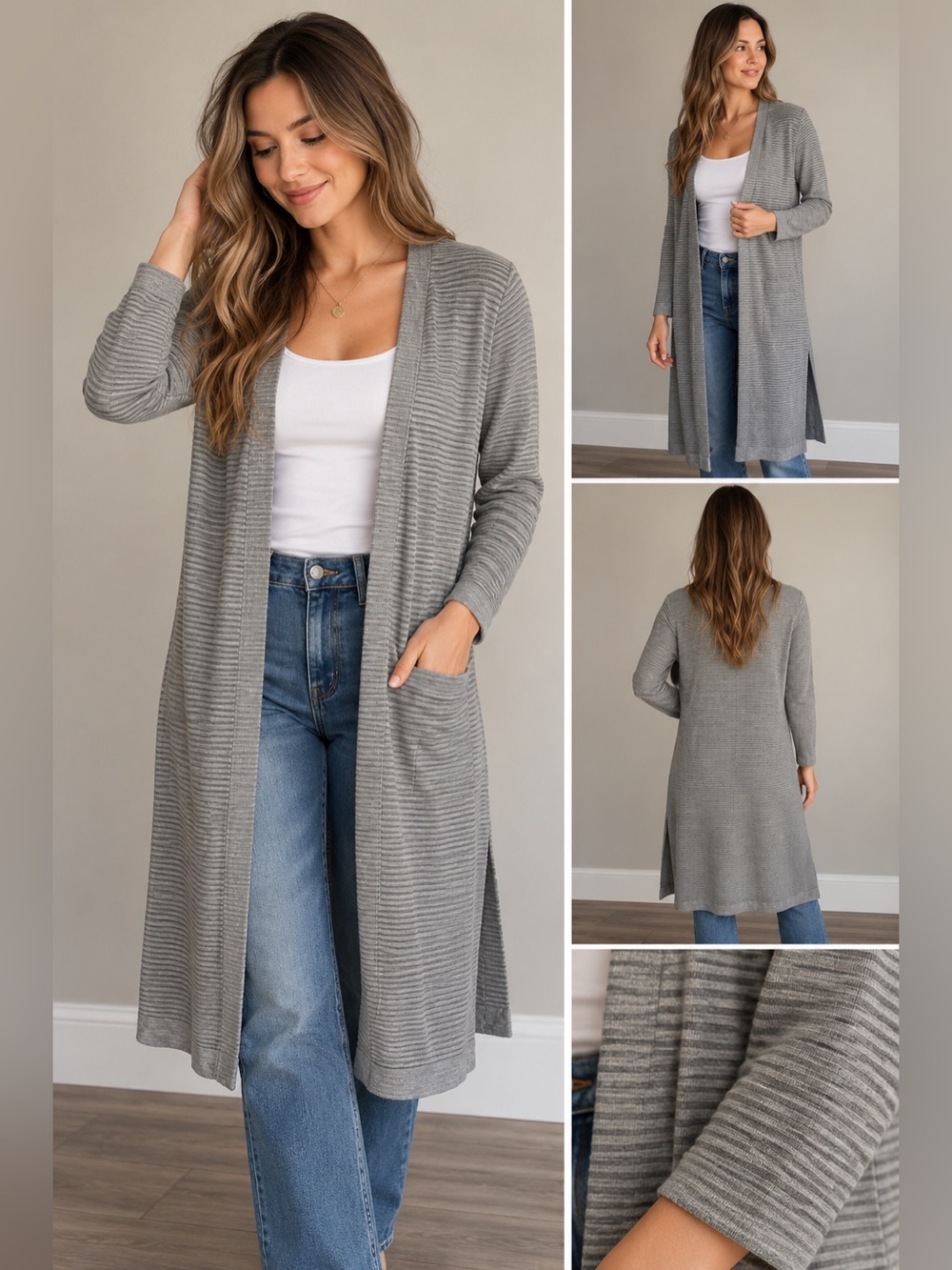 Prologue Light Gray Ribbed Longline Open Cardigan